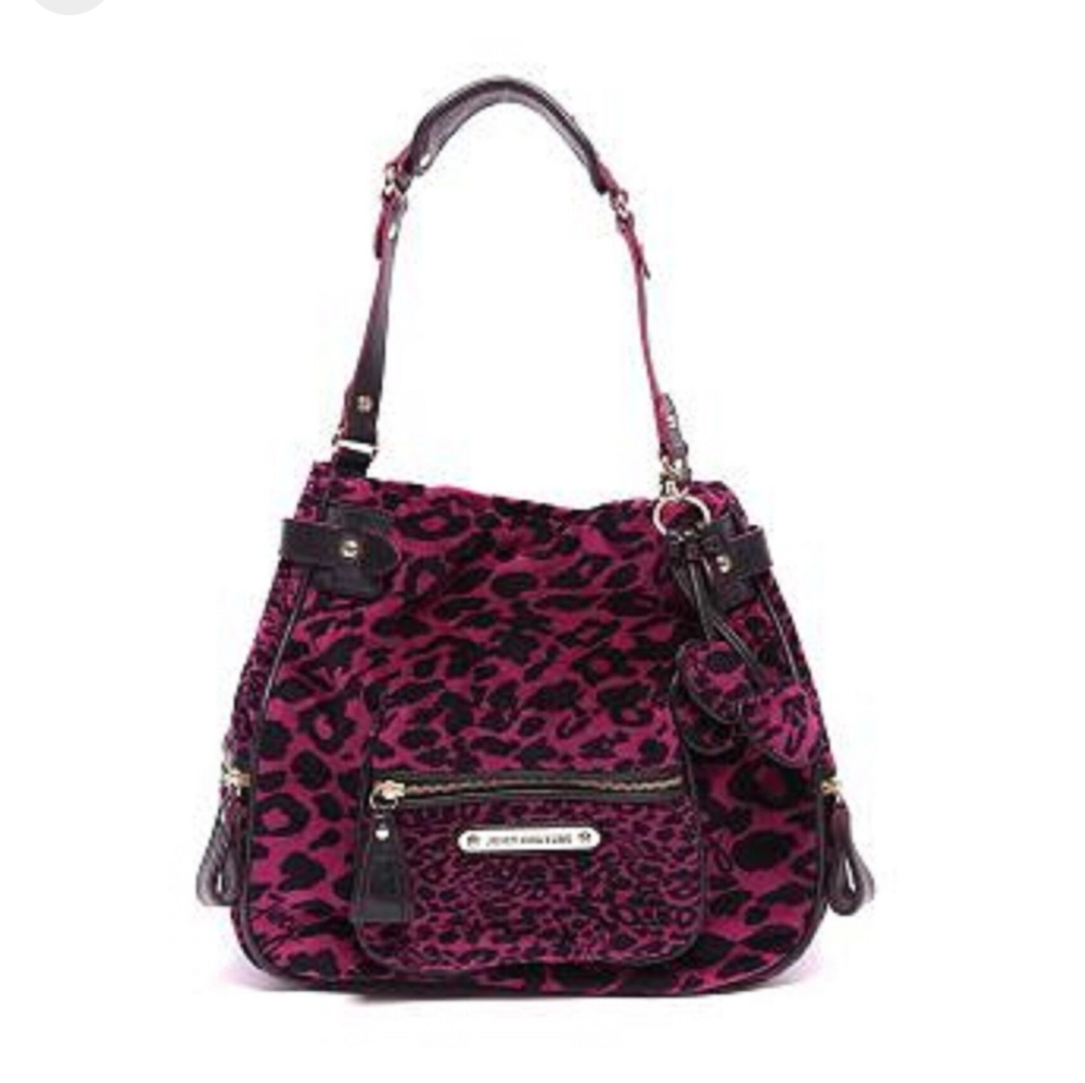 RARE, NWT, Y2K Juicy Couture LEOPARD PRINT VIVID PLUM Velour Shoulder Bag-$228
